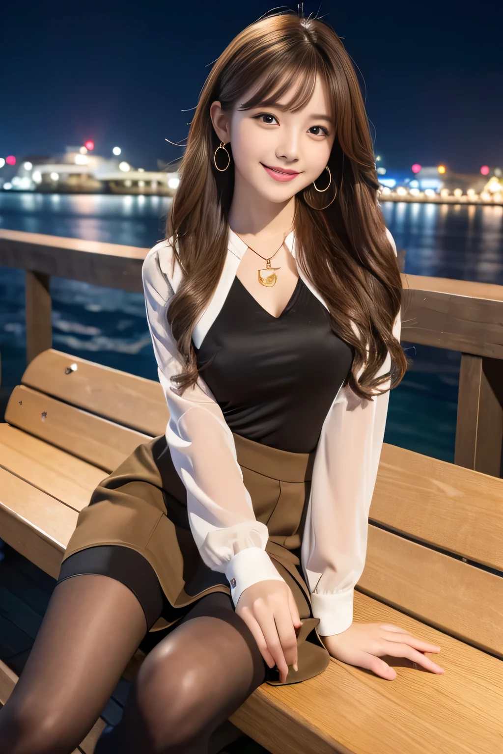 (detailed skin:1.2),(shiny skin:1.1),8k,best quality, masterpiece, ultra high res,Woman sitting on a bench on a pier、Full body photo、Long sleeve blouse、Knee-length skirt、tights、pumps、Light brown hair、hairstyle semi long、Ear piercing、Necklace around the neck、smile、Beautiful teeth alignment、Pier at night