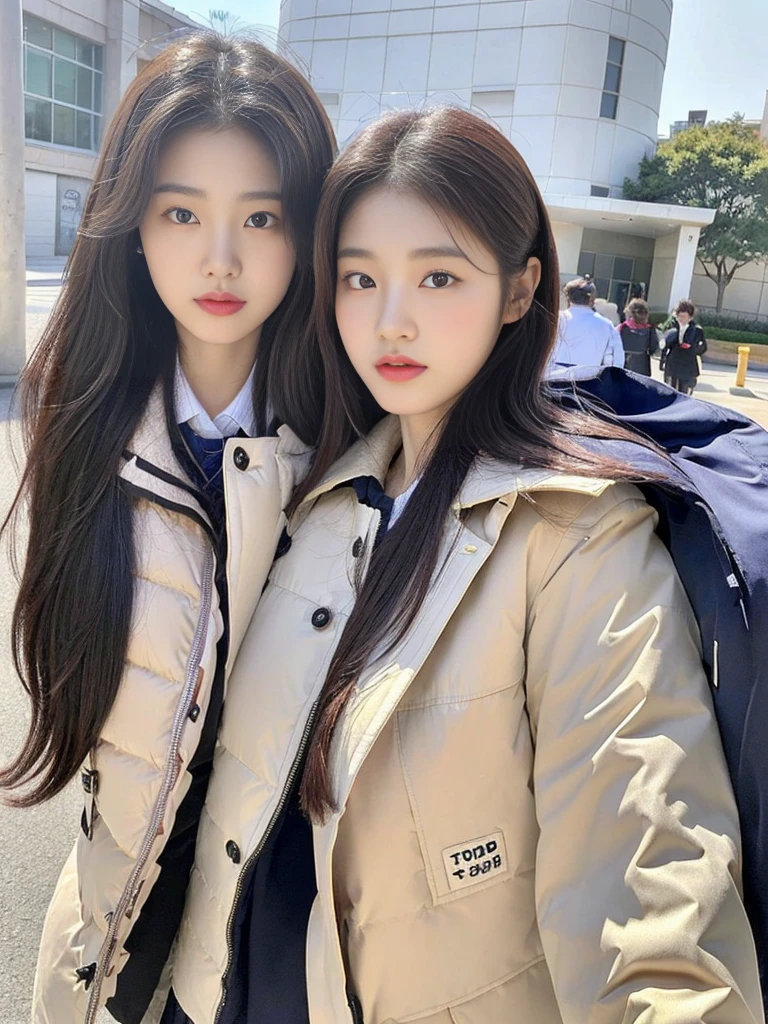 (A photo of a super cute Korean schoolgirl wearing a down jacket:1.2)(grin:1.1)(Beautiful Sweat:1.1)(16K, RAW Photos, Highest quality, masterpiece: 1.2),(Shiny and beautiful black long hair) Super detailed, Super Resolution, (Genuine, Genuine photos: 1.37), Portraiture, High-resolution RAW color photos, Professional photos, Very detailed, 8k wallpaper, Very detailed CG Unity 8k wallpaper, Very detailed beautiful girls, Very detailed faces, ((whole body)), beautiful woman, Huge breasts,(huge boobs:1.1) (Big Boobs:1.1), beautiful  (Wear a down jacket),high school girl, Korean Girls,(K-POP Female Idols), (Idol-class beauty)(Beautiful high school girl:1.1)(Dog-walking)(16 years old)Date,