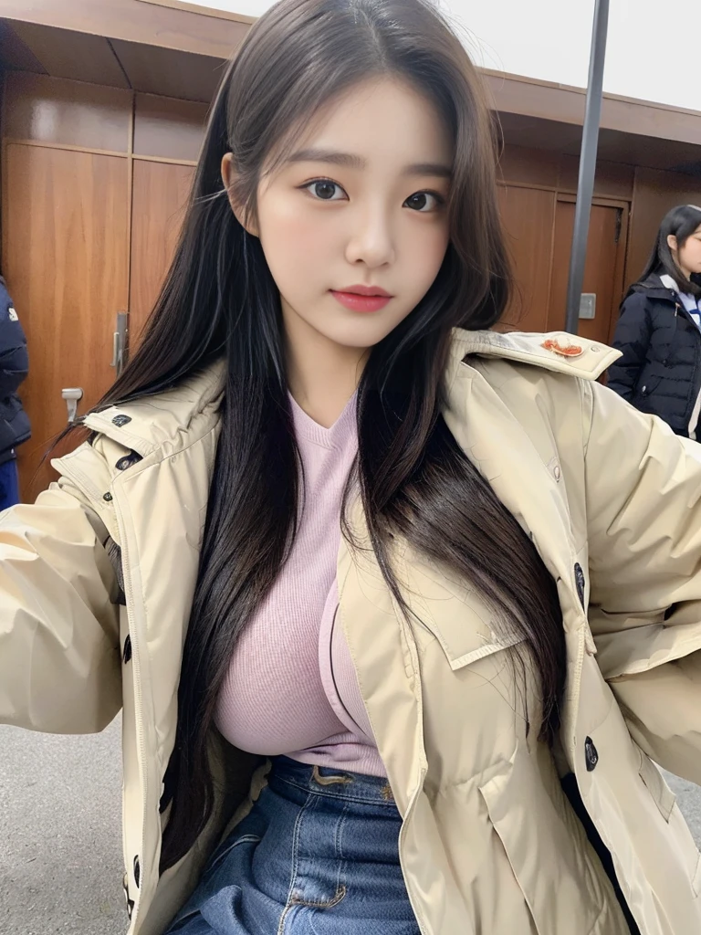 (A photo of a super cute Korean schoolgirl wearing a down jacket:1.2)(grin:1.1)(Beautiful Sweat:1.1)(16K, RAW Photos, Highest quality, masterpiece: 1.2),(Shiny and beautiful black long hair) Super detailed, Super Resolution, (Genuine, Genuine photos: 1.37), Portraiture, High-resolution RAW color photos, Professional photos, Very detailed, 8k wallpaper, Very detailed CG Unity 8k wallpaper, Very detailed beautiful girls, Very detailed faces, ((whole body)), beautiful woman, Huge breasts,(huge boobs:1.1) (Big Boobs:1.1), beautiful  (Wear a down jacket),high school girl, Korean Girls,(K-POP Female Idols), (Idol-class beauty)(Beautiful high school girl:1.1)(Dog-walking)(16 years old)Date,