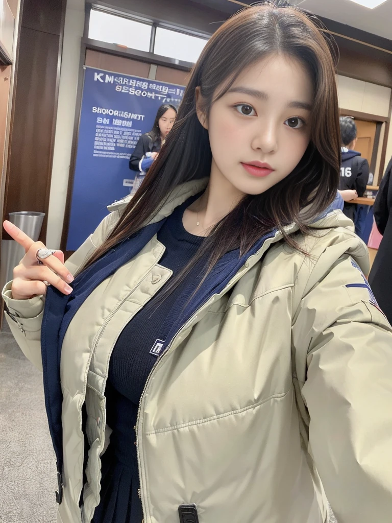 (A photo of a super cute Korean schoolgirl wearing a down jacket:1.2)(grin:1.1)(Beautiful Sweat:1.1)(16K, RAW Photos, Highest quality, masterpiece: 1.2),(Shiny and beautiful black long hair) Super detailed, Super Resolution, (Genuine, Genuine photos: 1.37), Portraiture, High-resolution RAW color photos, Professional photos, Very detailed, 8k wallpaper, Very detailed CG Unity 8k wallpaper, Very detailed beautiful girls, Very detailed faces, ((whole body)), beautiful woman, Huge breasts,(huge boobs:1.1) (Big Boobs:1.1), beautiful  (Wear a down jacket),high school girl, Korean Girls,(K-POP Female Idols), (Idol-class beauty)(Beautiful high school girl:1.1)(Dog-walking)(16 years old)Date,