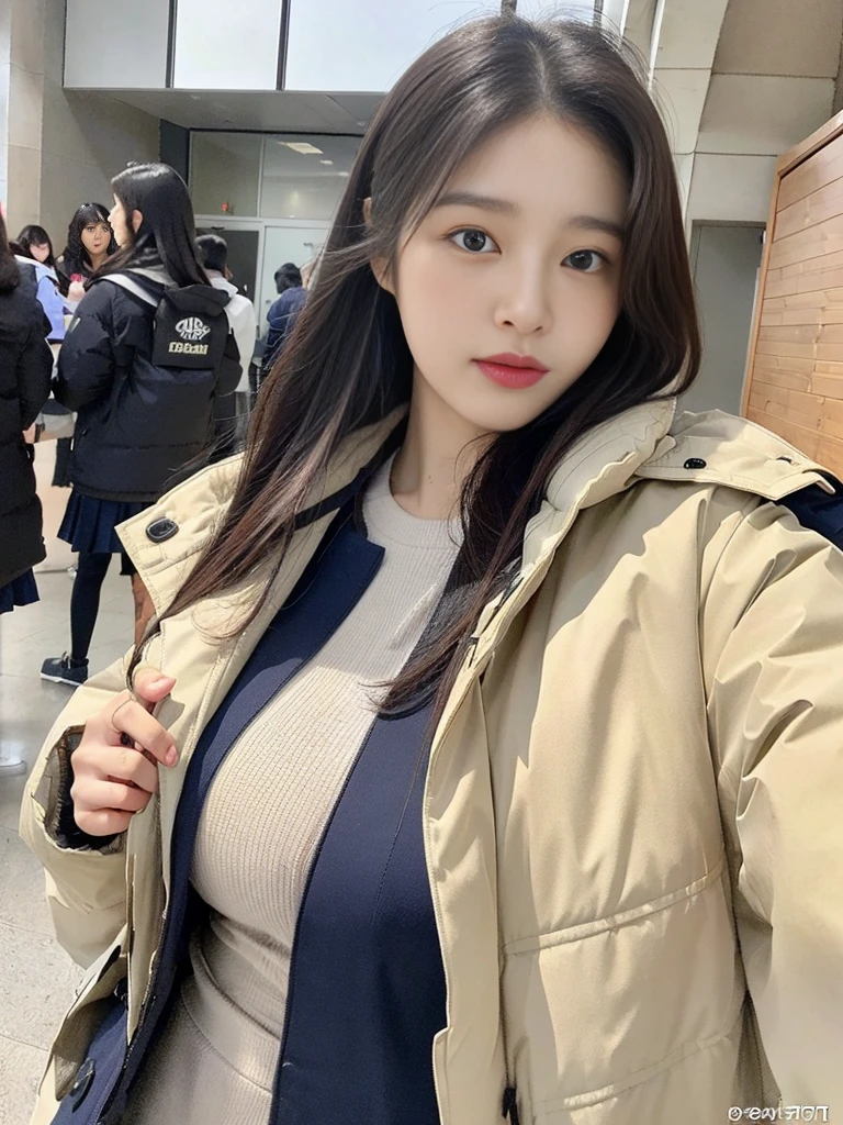 (A photo of a super cute Korean schoolgirl wearing a down jacket:1.2)(grin:1.1)(Beautiful Sweat:1.1)(16K, RAW Photos, Highest quality, masterpiece: 1.2),(Shiny and beautiful black long hair) Super detailed, Super Resolution, (Genuine, Genuine photos: 1.37), Portraiture, High-resolution RAW color photos, Professional photos, Very detailed, 8k wallpaper, Very detailed CG Unity 8k wallpaper, Very detailed beautiful girls, Very detailed faces, ((whole body)), beautiful woman, Huge breasts,(huge boobs:1.1) (Big Boobs:1.1), beautiful  (Wear a down jacket),high school girl, Korean Girls,(K-POP Female Idols), (Idol-class beauty)(Beautiful high school girl:1.1)(Dog-walking)(16 years old)Date,