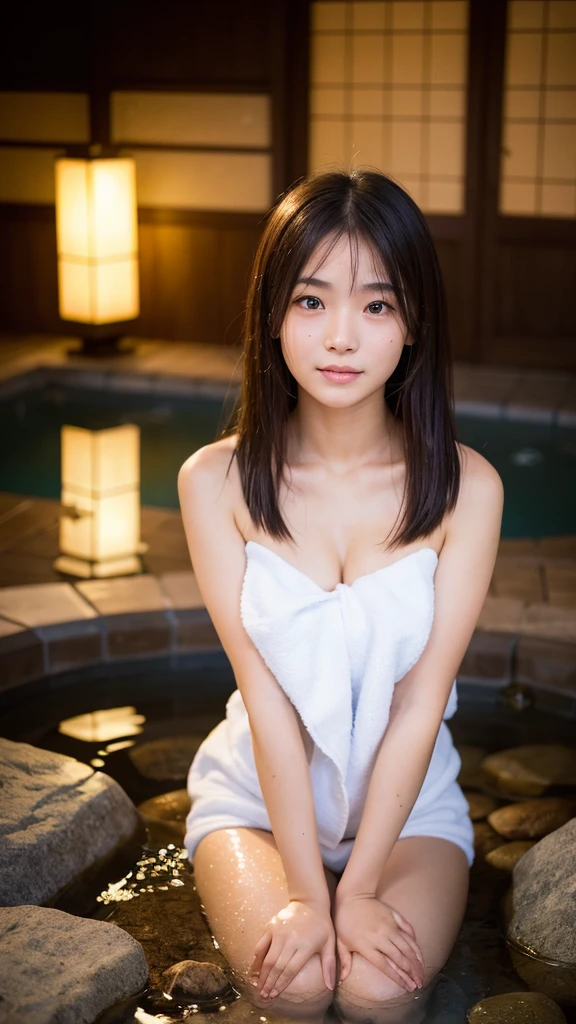 (night:1.7), East Asian architecture, 1 woman,sit on the tatami, brown colored hair,(hair between the eyes), lip flap, (16 years old:1.3),(beautiful shiny straight short long:1.3),beautiful fingers,beautiful long legs,beauty body,cute nose,beautiful character design,perfect eyes,Perfect face,looking at viewer,(chaste_big_eye:1.0),(light_笑face:0.3),official art,very detailed CG Unity 8k 배경화면、bright_front_face_literature,(Masterpiece:1.0),(highest_qualiteraturey:1.0), Super high resolution,4K,very detailed, Photo shoot, 8k, nffsw, high resolution, absurd:1.2, Kodak Portrait 400, film grain, lens flare glow, (beautiful_face:1.5),8k,RAW photos, 、Relax at a Japanese hot spring ryokan、(The topic is my first hot spring trip with a woman.:1.3) (Make the open-air bath wider:1.2) (Women are not subjects:1.3) The hotel room is a mess (girl standing on balcony:1.3) (hair after bath:1.3),((I was naked and I had a small handkerchief towel next to me..:1.3)) ,(hair is wet:1.3),((beautifully depicts depth and width:1.3)),((Open-air bath surrounded by a Japanese garden and huge rocks, With just two small lights.:1.3)),((You can see a beautiful starry sky.:1.3))(Hide your erogenous zones with a small handkerchief or towel in an open-air bath.:1.2)(Women are not subjects:1.3),((White, soft skin:1.3)),(((It's like a whole thing:1.3))(There's even a bed for sex..:1.2)The woman is naked in bed((The open-air bath is a wooden bathtub surrounded by large natural stones....:1.3))