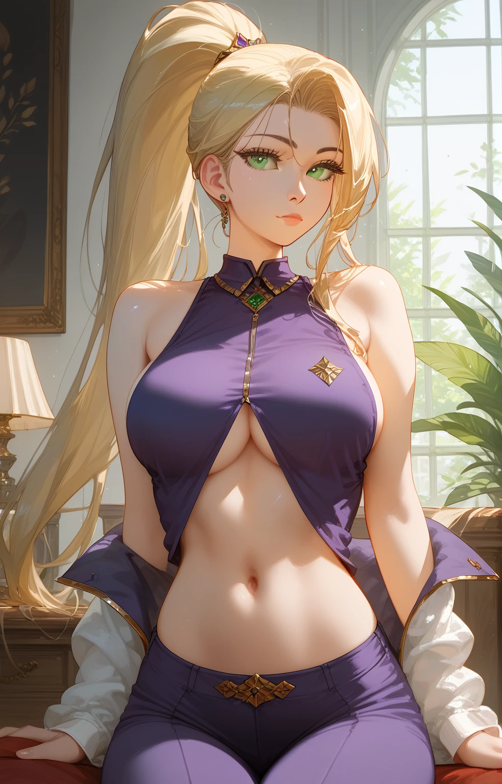 (score_9, score_8_up, score_7_up, score_6_up, score_5_up, score_4_up), masterpiece, best quality, high_resolution, 8k, UHD, 1girl, detailed, extremely detailed, best anatomy, (large breasts), indoor, long hair, blonde hair, high ponytail, green eyes, sleeveless, purple clothes, navel, 