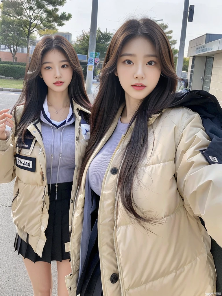 (A photo of a super cute Korean schoolgirl wearing a down jacket:1.2)(grin:1.1)(Beautiful Sweat:1.1)(16K, RAW Photos, Highest quality, masterpiece: 1.2),(Shiny and beautiful black long hair) Super detailed, Super Resolution, (Genuine, Genuine photos: 1.37), Portraiture, High-resolution RAW color photos, Professional photos, Very detailed, 8k wallpaper, Very detailed CG Unity 8k wallpaper, Very detailed beautiful girls, Very detailed faces, ((whole body)), beautiful woman, Huge breasts,(huge boobs:1.1) (Big Boobs:1.1), beautiful (Wear a down jacket),high school girl, Korean Girls,(K-POP Female Idols), (Idol-class beauty)(Beautiful high school girl:1.1)(Dog-walking)()Date,