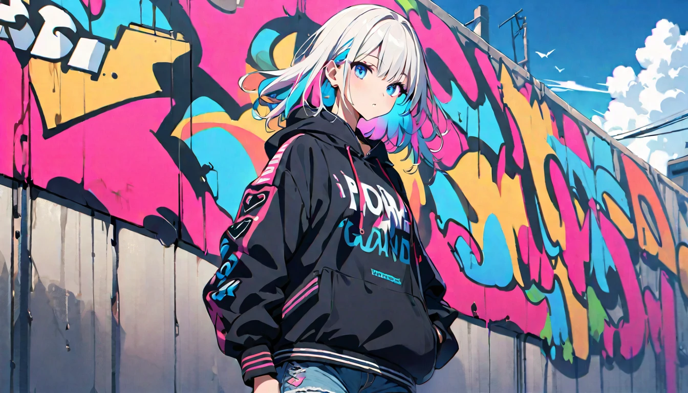 HD 8k Handsome sexy-cute, Solitary, 1 female, Medium Length Hair, white hair, Rainbow hair, blue Eyes, Rainbow headphone, hoodie, colored hoodie, denim shorts, sneakers, Human focus, outdoor, blue sky, White clouds, graffiti Popularity spray art wall, holding a  tape