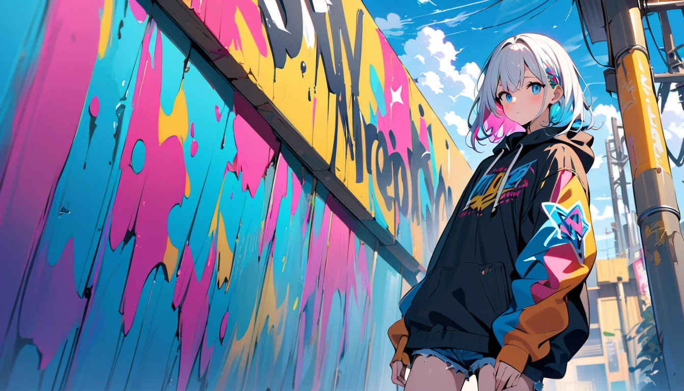 HD 8k Handsome sexy-cute, Solitary, 1 female, Medium Length Hair, white hair, Rainbow hair, blue Eyes, Rainbow headphone, hoodie, colored hoodie, denim shorts, sneakers, Human focus, outdoor, blue sky, White clouds, graffiti Popularity spray art wall, holding a  tape