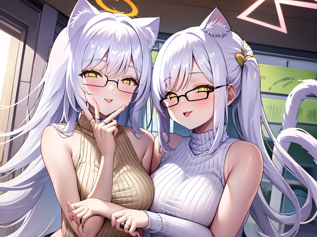 A 20-year-old female angel with long hair, white hair, yellow eyes, cat ears, cat tail, breasts, and white angel wings. A glowing yellow halo ring overhead. Wear round glasses (White halter turtleneck sweater, white purekiller sweater, sleeveless, sexy backless sweater, white dress) White arm warmers, stick out tongue, bedroom