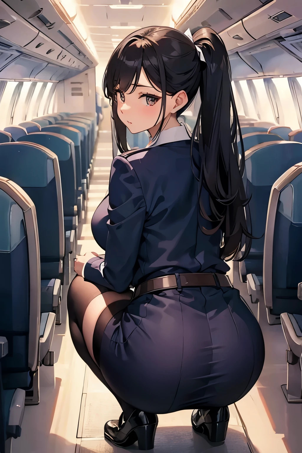 flight attendant、Beauty、Squat、Big Ass、Inside the plane、Adorable expression、stockings、belt