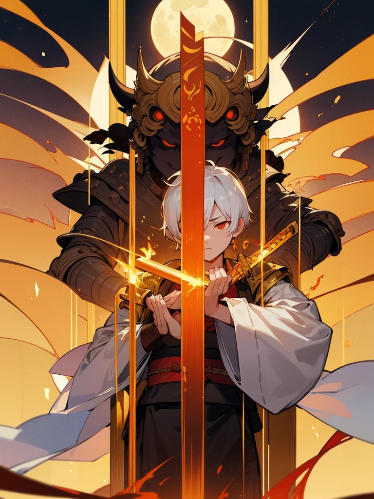 Buddha,Lucky Eyes, horn, white short hair, black armor, torii, man, full moon, hands together in prayer, Zen meditation golden lion Chi Japanese sword demon vengeful spirit evil spirit