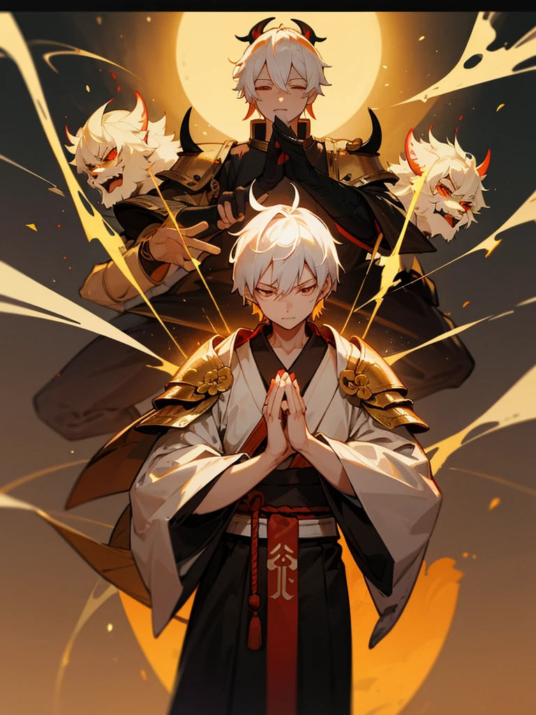 Buddha,Lucky Eyes, horn, white short hair, black armor, torii, man, full moon, hands together in prayer, Zen meditation golden lion Chi Japanese sword demon vengeful spirit evil spirit