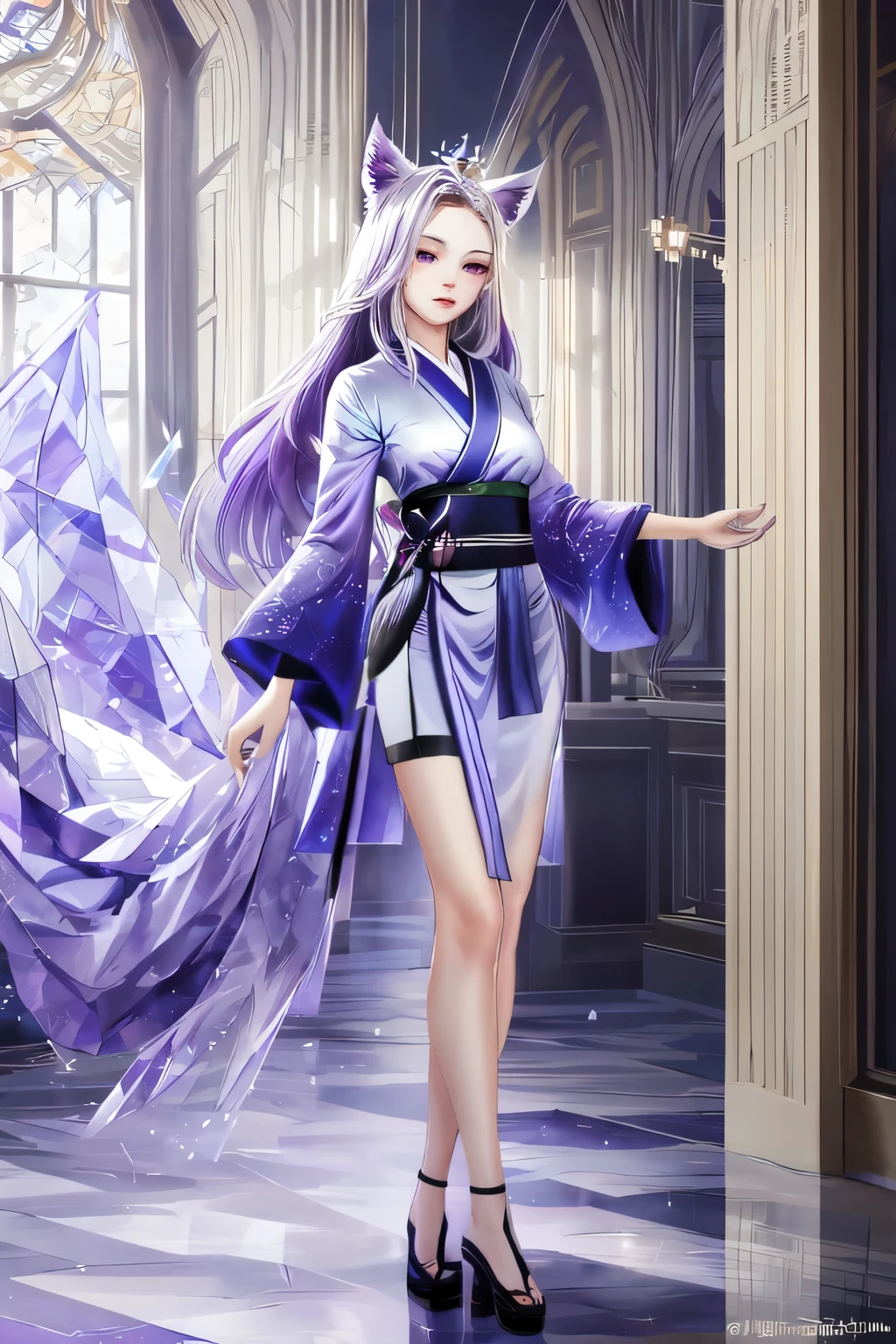 ((best quality)), ((masterpiece)), (detailed), detailed purple eyes, detailed hands, full-body image, humanoid kitsune, wearing a short kimono, crystallized crown, light purple hair, light purple fox ears, 2 translucent crystal foxtails, only 2 translucent crystal foxtails, 1 star shape marking on forehead, delicate and beautiful detailing, detailed hands, well-proportioned detailed purple eyes, well-proportioned hands, well-proportioned face, round detailed purple eyes, beautiful detailed and clear purple eyes, volume smooth and sharp, long flat light purple bangs, fictional art, best photos, best quality, 1 very beautiful and meticulous star shape forehead marking,