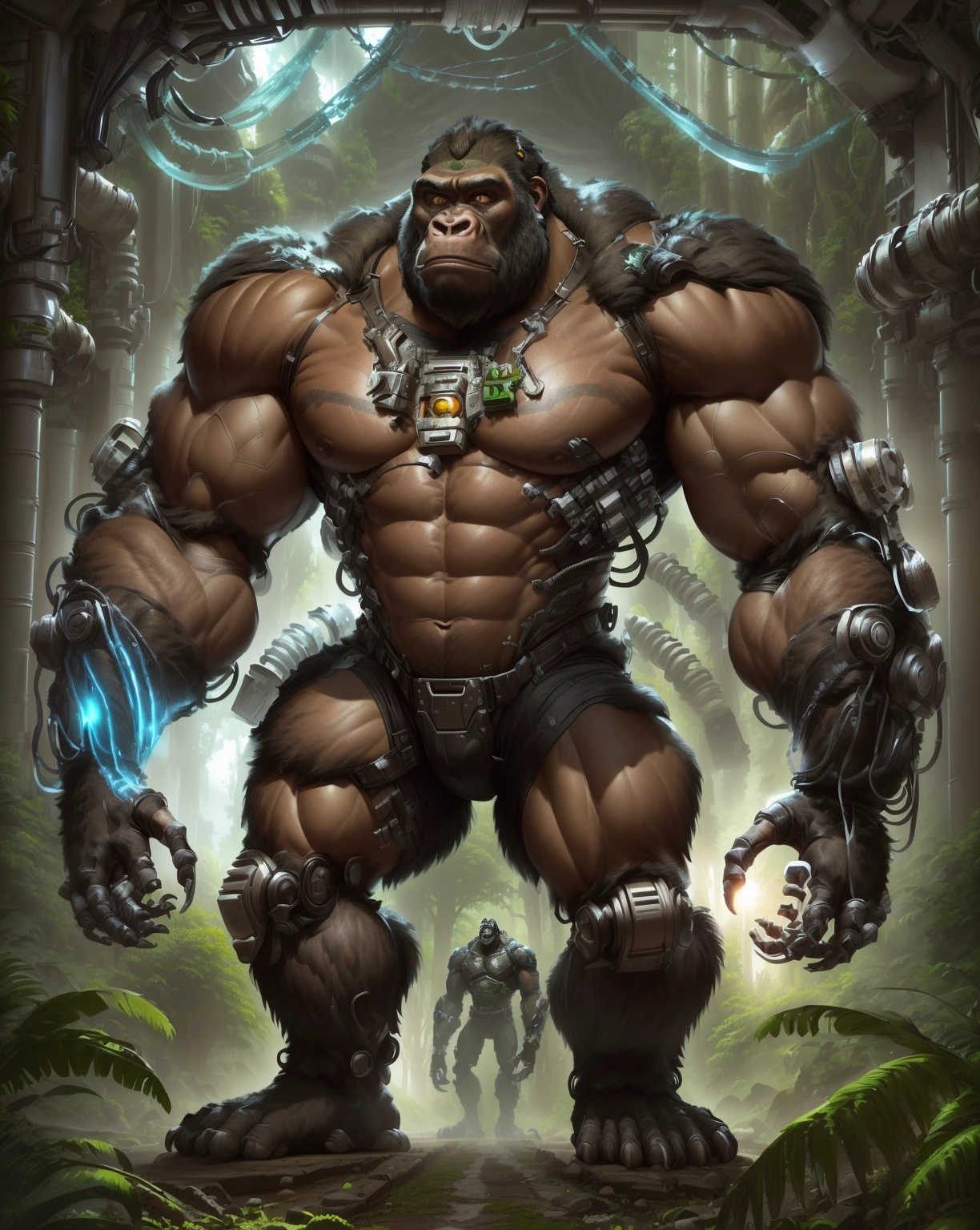 Close-up of a gorilla,There is a man standing in front, Winston the Ape in Overwatch, Electronic monkey in the sci-fi forest, Bulky, King Kong, Wojtek Fuss, musclebound and Bulky, Hulk-like, Imitating the style of primitive apes, Epic Video Game Art, an King Kong rage on street, Roland Zierwinsky 3D Rendering Art