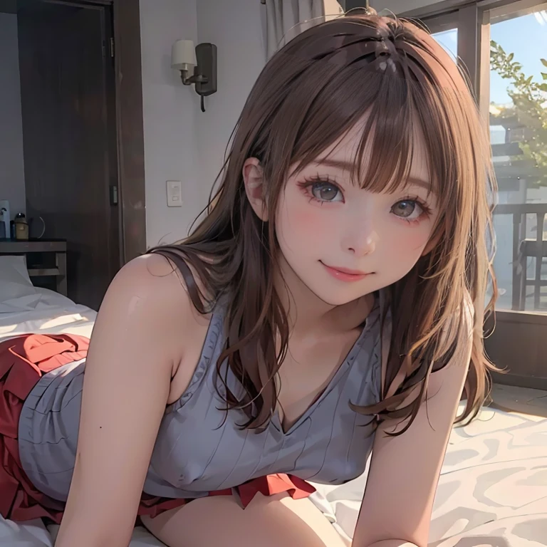 ((((highest quality)))), (((Ultra-precision CG 16K))), (((masterpiece))), (((Very detailed))), (((Extremely detailed))), (((Black outline:1.3, Written boundary depth:1.3 , Written soft outline))), Maximum clarity and sharpness,Multilayer Texture, Surface Shading, Cinematic lighting, Beautiful details sparkle ,Perfect Proportions, Limited to three woman, BREAK accurate, Anatomically correct, Highly detailed face and skin texture, drawn in detail, Highly detailed facial and skin texture, Detailed eyes, beautiful hair, Beautiful Japanese Idol face, Beautiful and beautiful eyes, Beautiful body, Beautiful breasts, Beautiful thighs, Beautiful legs, Beautiful fingers, (Beautiful views) , skinny body, ((Beautiful Skin)), ((Skin Texture)) , solo, limited one girl BREAK breast enlarged, medium Breasts, rocket breasts, (((perky breasts))), ((covered nipples)), slender waist, (smiling , narrow eyes, brown eyes, blush, determined expression, hot, sweaty , Heavy breathing,) BREAK ((streaked hair, hair intakes, colored inner hair, several hairstyles )) BREAK (((wearing oversized character printed tank top, wearing Jersey in a casual way, wearing pleats mini-skirt , breasts is covered by outfit))) , wearing earrings, BREAK ((( a woman in the bedroom, sleeping face down on the bed, looking at viewer, close up face, cowboy shot, from front , from below ))),