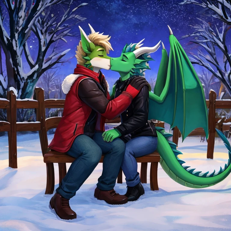 Masterpiece, best quality, One girl anthro green dragon, One anthro boy green dragon, has wings, Black claws and horns, perfect anatomy, One dragon tail, wears jacket with farmer jeans, closed eyes, kissing with each other, Alone in the park, blushed faces, in the park, sitting on a fence, Winter, snow on the ground, Night, stars on the sky