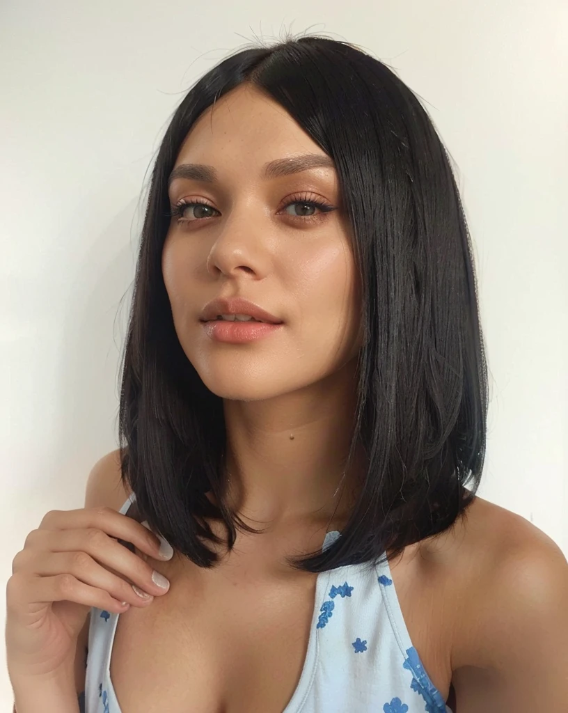 a woman with a black bobble wearing a blue top, black bob hair, black bob cut hair, black bob haircut, straight hairstyle, shoulder length black hair, short straight hair, shoulder-length black hair, with straight black hair, short black hair with gel, bob cut hair, long bob cut, parted hair, redahair and attractive features