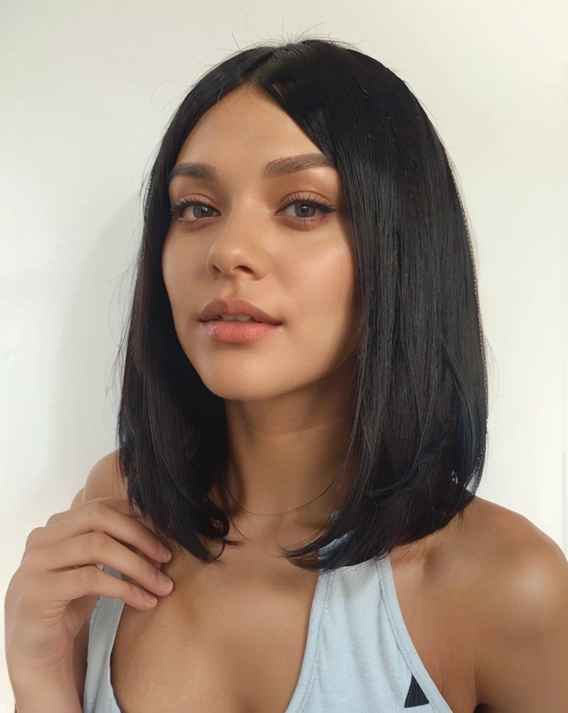 a woman with a black bobble wearing a blue top, black bob hair, black bob cut hair, black bob haircut, straight hairstyle, shoulder length black hair, short straight hair, shoulder-length black hair, with straight black hair, short black hair with gel, bob cut hair, long bob cut, parted hair, redahair and attractive features