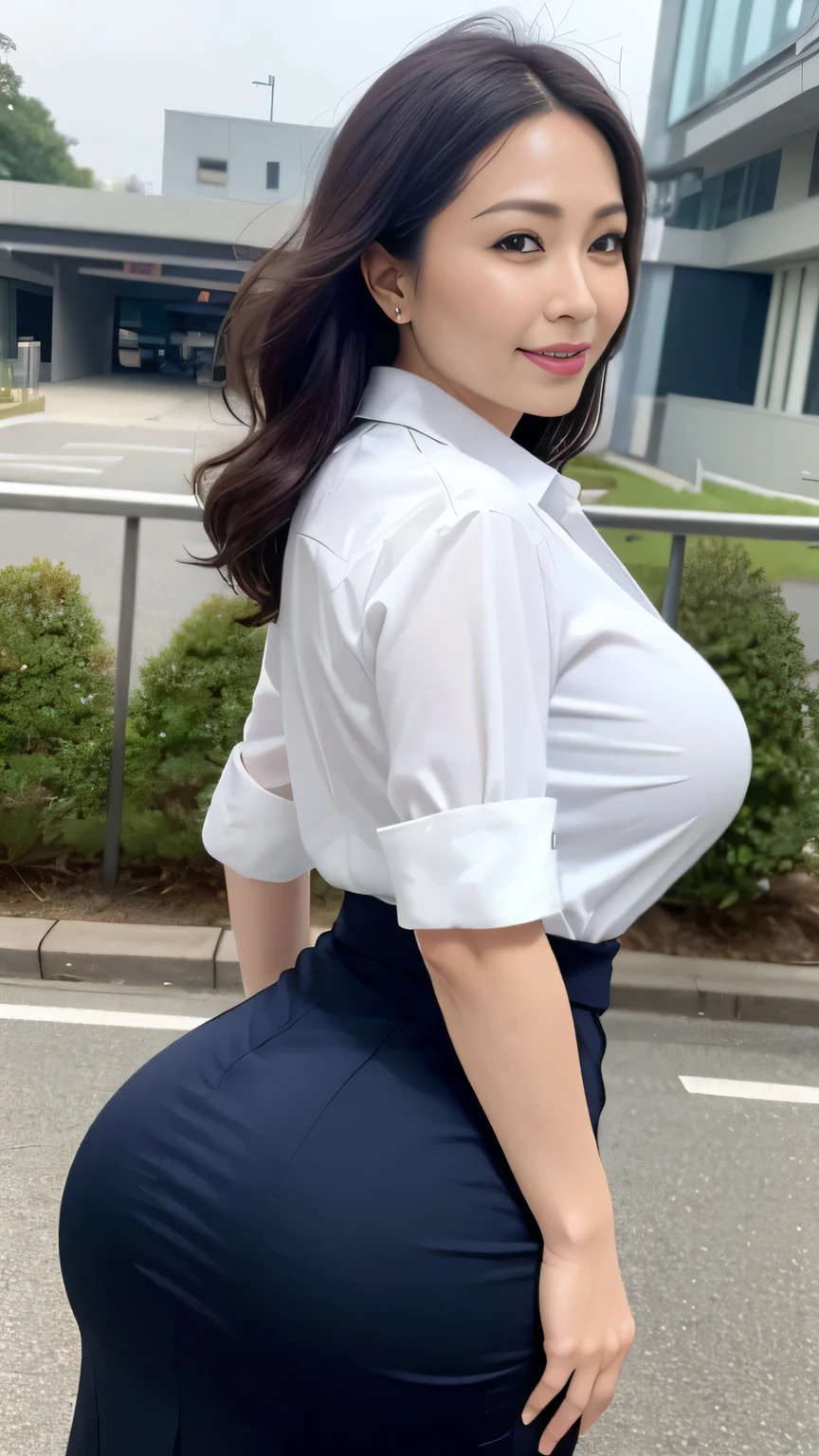 high resolution, high resolution, Attention to detail, masterpiece, Rough skin, Anatomically correct, sharp,
In front of an office building、
((Japanese Mature, 50 years old)), Solitary, ((Facial wrinkles)), Lush plump breasts, Feel free to hairstyle, Fat body type,
(((highlight your butt))) ,White collared shirt、Navy tight skirt、Big Ass、look down、landscape,Gentle smile、Tempt the viewer's gaze、