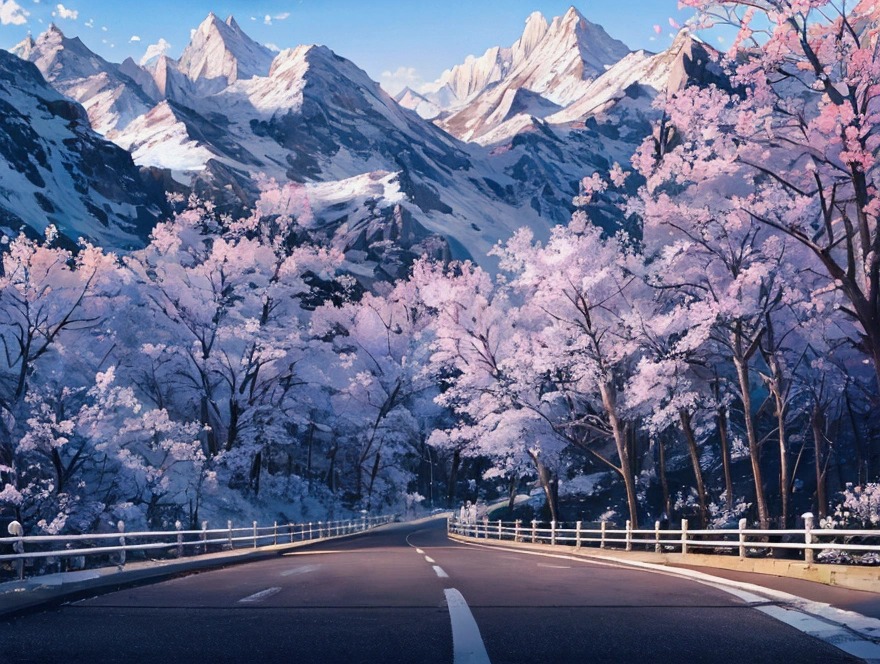Deep in the mountains, the season is spring, the time is evening, a straight road