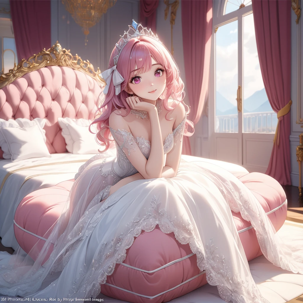 (8K, On the table, best quality, Official Art, Beautiful and detailed, Beautiful Lights, The best masterpiece ever made beyond the limit), (20 years old), (Beautiful and detailed face), (Fair and shiny skin), (Beautiful big, cleveage:1.3), (Beautiful and detailed 金色头发 , Bangs:1.3,Purple Eyes), (Beautiful and detailed drooping pink eyes:1.5), rest, (Beautiful and luxurious white princess dress, White transparent delicate lace, Cute bow ribbon, Lots of transparent ruffles, Silver Line, diamond, Corset), (美丽奢华的diamond珍珠头饰), rest, (a happy expression, attractive, Looking at the camera, Cute pose), (Hug a cute cushion), Stunning scenery, (Ultra detailed and beautiful luxury room, Princess bed:1.2),