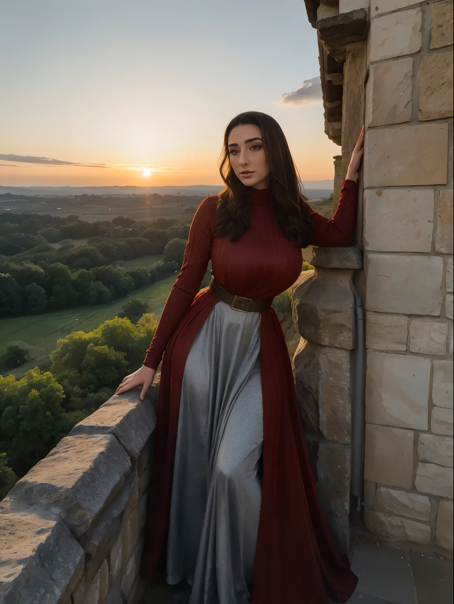 Gorgeous and sultry busty athletic (thin) brunette queen with sharp facial features wearing a modest updo, dark red medieval dress, long sleeves, intricate patterns, scrollwork, wide neck, crown, veil, long dress, modest dress, tight bodice, silver belt, (waist chain), medieval jewelry, Middle Ages, castle, rampart, wall, exterior, on top of a castle wall, trees, countryside, evening, sunset.