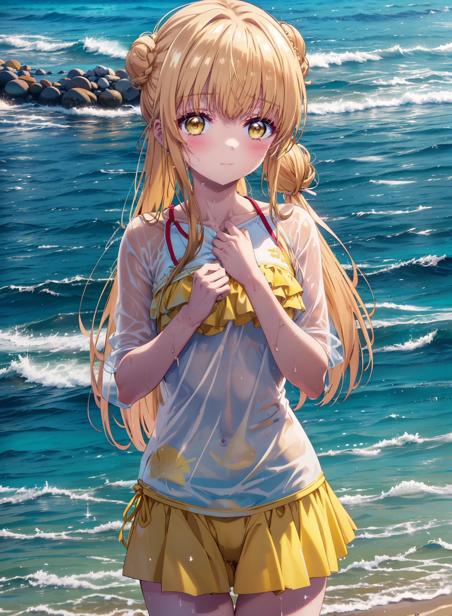 mahirushiina, Mahiru Shiina, Long Hair, bangs, Blonde, Brown Hair, (Yellow Eyes:1.3), smile,blush,Hair Bun, double Hair Bun,Yellow bikini swimsuit,barefoot,Water Play,Ocean,Sandy Beach,whole bodyがイラストに入るように,Wet Hair,Wet Skin,Wet swimsuit,
break outdoors, Beach,
break looking at viewer, whole body,(Cowboy Shot:1. 5)
break (masterpiece:1.2), Highest quality, High resolution, unity 8k wallpaper, (figure:0.8), (Beautiful attention to detail:1.6), Highly detailed face, Perfect lighting, Highly detailed CG, (Perfect hands, Perfect Anatomy),