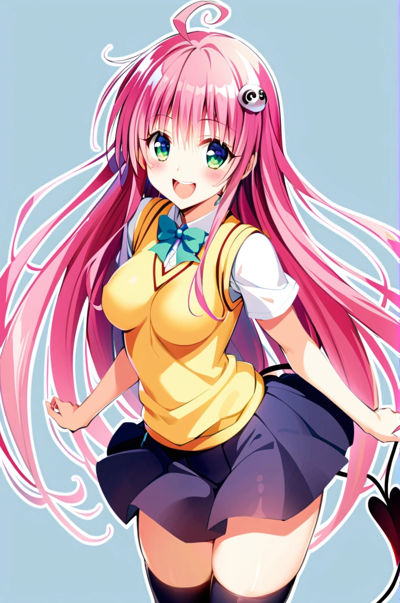 1girl, lala satalin deviluke, solo, long hair, pink hair, , green eyes, thighhighs, tail, smile, ahoge, skirt, open mouth, demon tail, sweater vest, zettai ryouiki, hair ornament, :d, breasts, black thighhighs, medium breasts, blush, very long hair, 