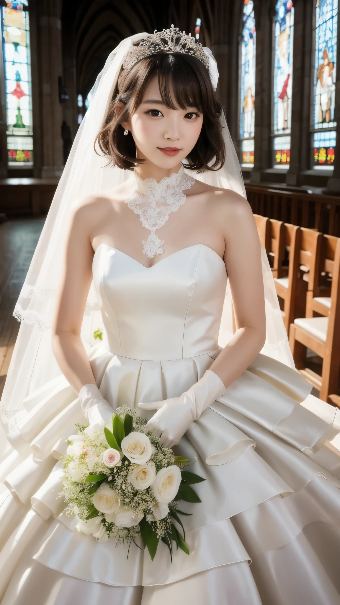 (8k, Photorealistic, Raw photo, Highest quality: 1.4),Japanese idol-style beautiful girl,model,1 person,18-year-old,(Short Bob),(Black Hair),tiara,She has her hair tucked behind her ears,Clear grey eyes,Long eyelashes,Eyeliner,eyeliner,(piercings(small)),cheek(Beige brown color),(Lip gloss),lips(Plump,glossy),Translucent white and finely textured skin,thin long neck,Thin and delicate shoulders,(Lace gloves(White)),(Wedding Bouquet),(Wedding dress(Frills,Plumpしたロングスカート :1.1)),(layer),(Fishnet tights(White)),(High heels(White)),(Background of a Gothic-style stone church with stained glass windows),Smiling at the camera,Full body portrait
