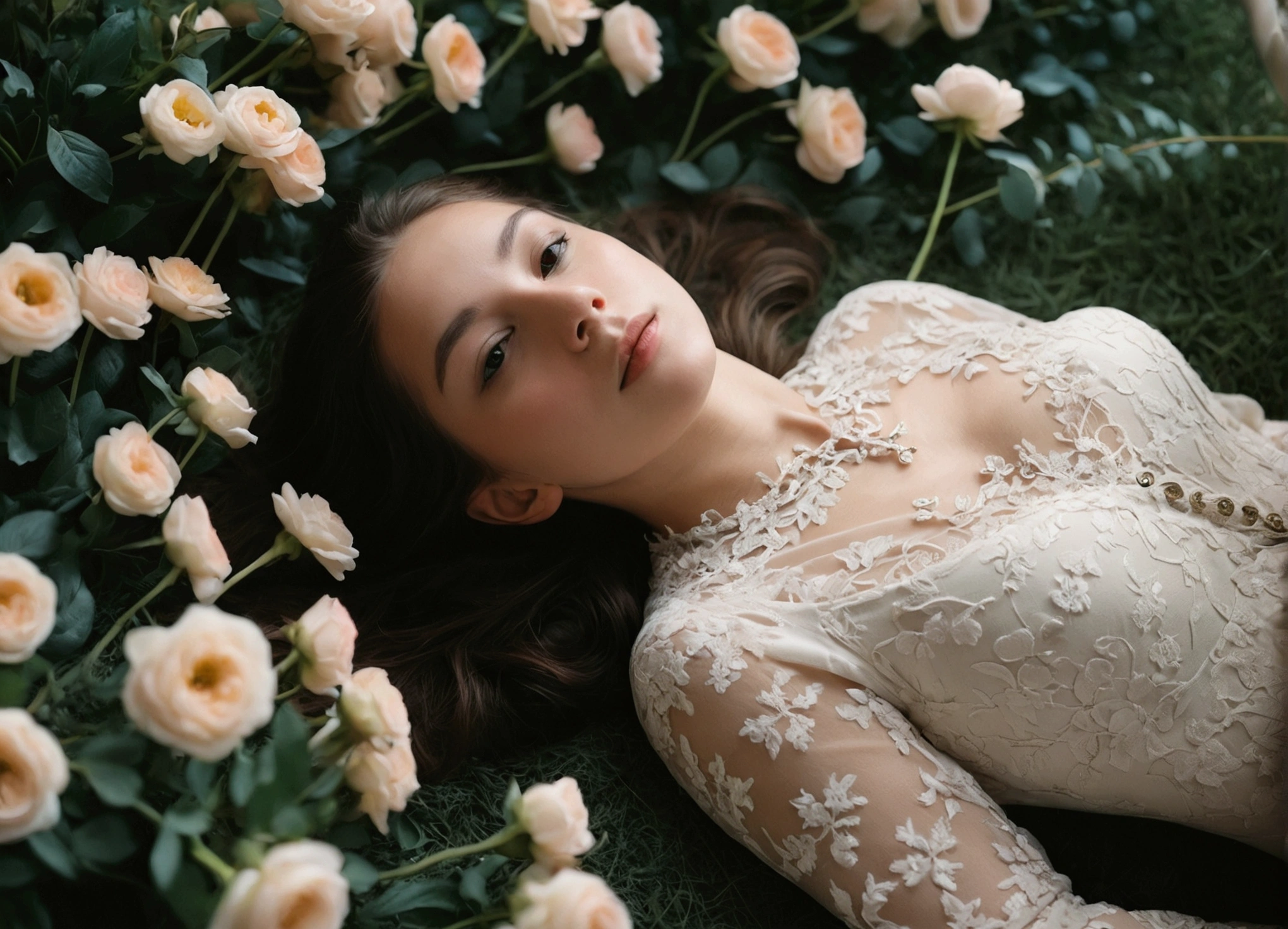 (film style photo:1.4), (muted color:1.4), (underexposed:1.2), (cool tones:1.2), high detail, natural light, soft focus, ethereal, expressive, intimate, nostalgic, textured, moody, atmospheric, serene, intricate details, floral setting, soft shadows, delicate, romantic, calm, melancholic, vintage aesthetic, top-down angle, dreamy, 50mm lens, f/2.8, evocative, gentle, timeless, a person laying in flowers with a top-down camera angle
