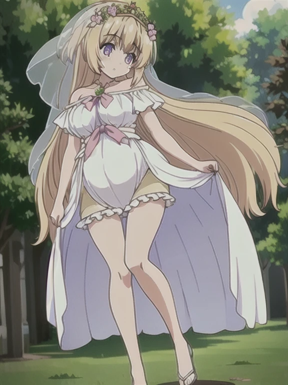 (((Best quality))), ((Ultra-detailed)), ((illustration)), ((Disheveled hair)), ((frilld)), (1 girl),(Solo),Leaf underwear, Cloak of leaves, simplebackground, themoon, The breath of life, green color, grassy fields, The Giant Tree of Life, A breath of green life, Gentle and powerful divinity, Wife-like feeling, Poor milk, 5 months pregnant, full body, rating:safe,wedding_dress,bride,veil,
blonde hair,purple eyes,