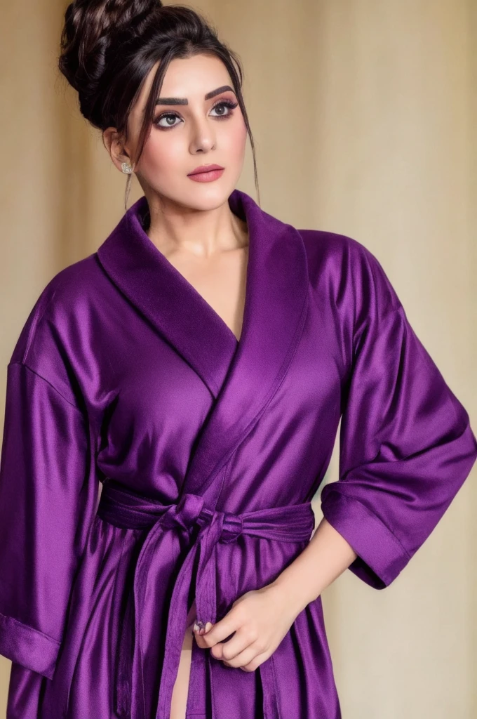 (masterpiece, best quality), 1girl, Smoky Purple Sleek Low Bun, Size A breasts, short bathrobe