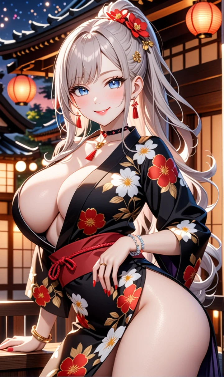 ultra-detailed, ((one girl)), (portrait), (pale skin:1.4), in pastel colors gyaru, (heavy makeup), (professional lighting), hyper detailed, absurdres, 8k, Beautiful Face, (Laugh shyly), ((teasing smile:1.8)), ((Wink:1.7)), (Laugh with your mouth wide open),((Tilt your face:1.6)), View your viewers, ((Bright red cheeks:1.6)),Glossy Red Lips, ((huge breast:1.5)), ((undressing:1.2)), night, I see fireworks, Luxury Ryokan, ((Anime style background)),masterpiece, Highest quality, so beautiful,Latest, Complex details, (Pink long nails), (nail art), (ring),(bracelet), (Floral Choker),AI-generated, Complex,High resolution, Highest quality, super high quality,3D Images、3D Images,One person,Pastel silver long hair,(High Ponytail), (wavy hair:1.3), Pastel anime woman posing for a photo, ((Fine grain、blue eyes、glowing eyes:1.4)), (Squint your eyes:1.1), (one eye closed:1.2), a hyperRealistic , hyperRealistic , Realistic,Anime woman with long pastel white hair, Smooth anime CG art, A girl in a gorgeous black kimono, ((Black long-sleeved kimono)),(Large red floral pattern), Golden embroidery, (sideboob), Long flower hair ornament,Floral Earrings, Mature Body, tall,Narrow waist, (from front),