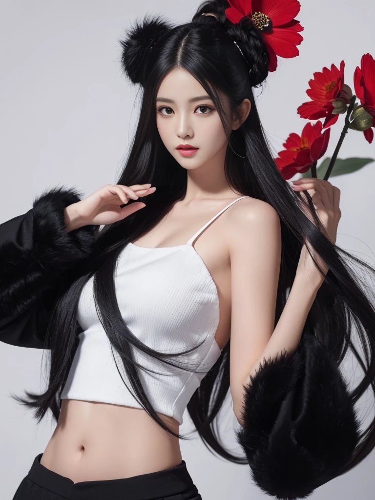 masterpiece,best quality,1girl,women,solo,hips up,upper body,closed mouth,kungfu outfit,fur trim,black pants,flower,long white hair,accessories,