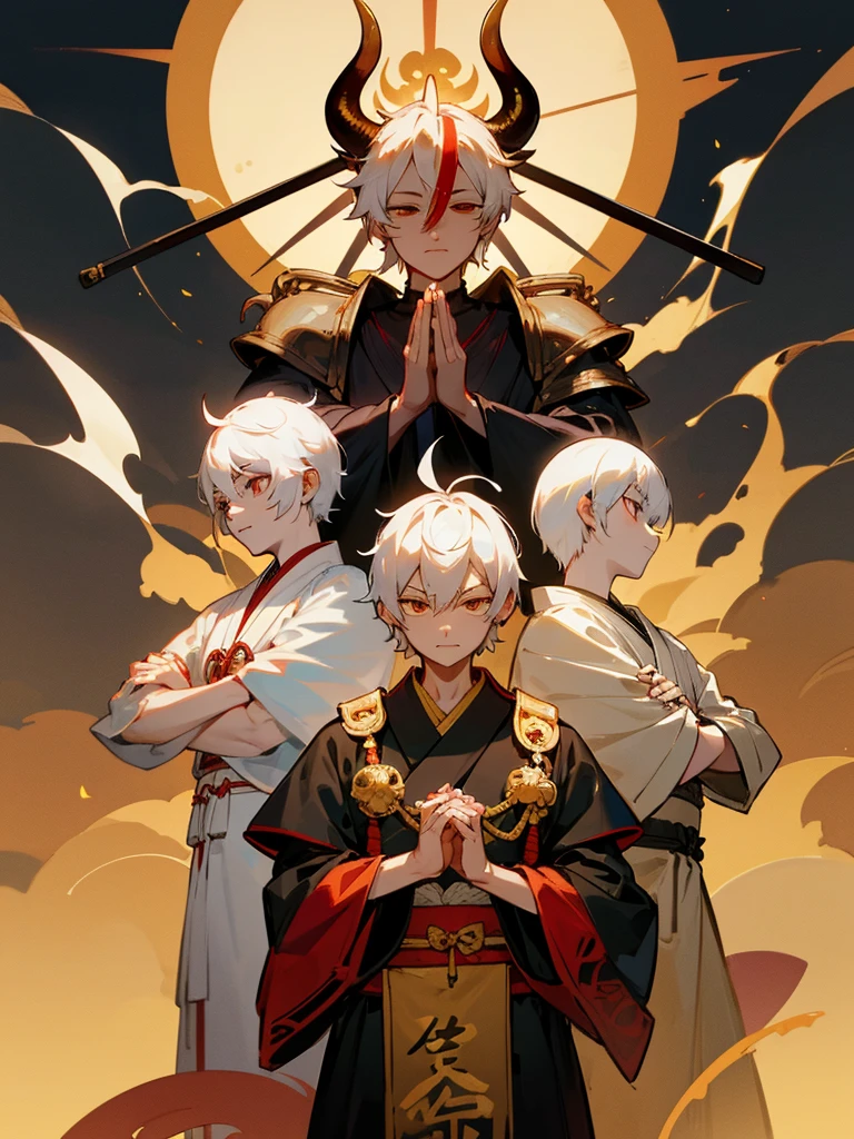 Buddha,Lucky Eyes, horn, white short hair, black armor, torii, man, full moon, hands together in prayer, Zen meditation golden lion Chi Japanese sword demon vengeful spirit evil spirit