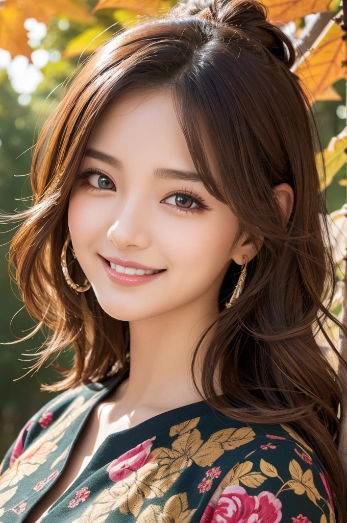 masutepiece, Best Quality, Illustration, Ultra-detailed, finely detail, hight resolution, 8K Wallpaper, Perfect dynamic composition, Beautiful detailed eyes, Autumn Women's Fashion,waved hair,huge tit、Natural Color Lip, Bold sexy poses,Smile,Harajuku、20 years girl、Cute、Sexy shot looking at camera、up of face