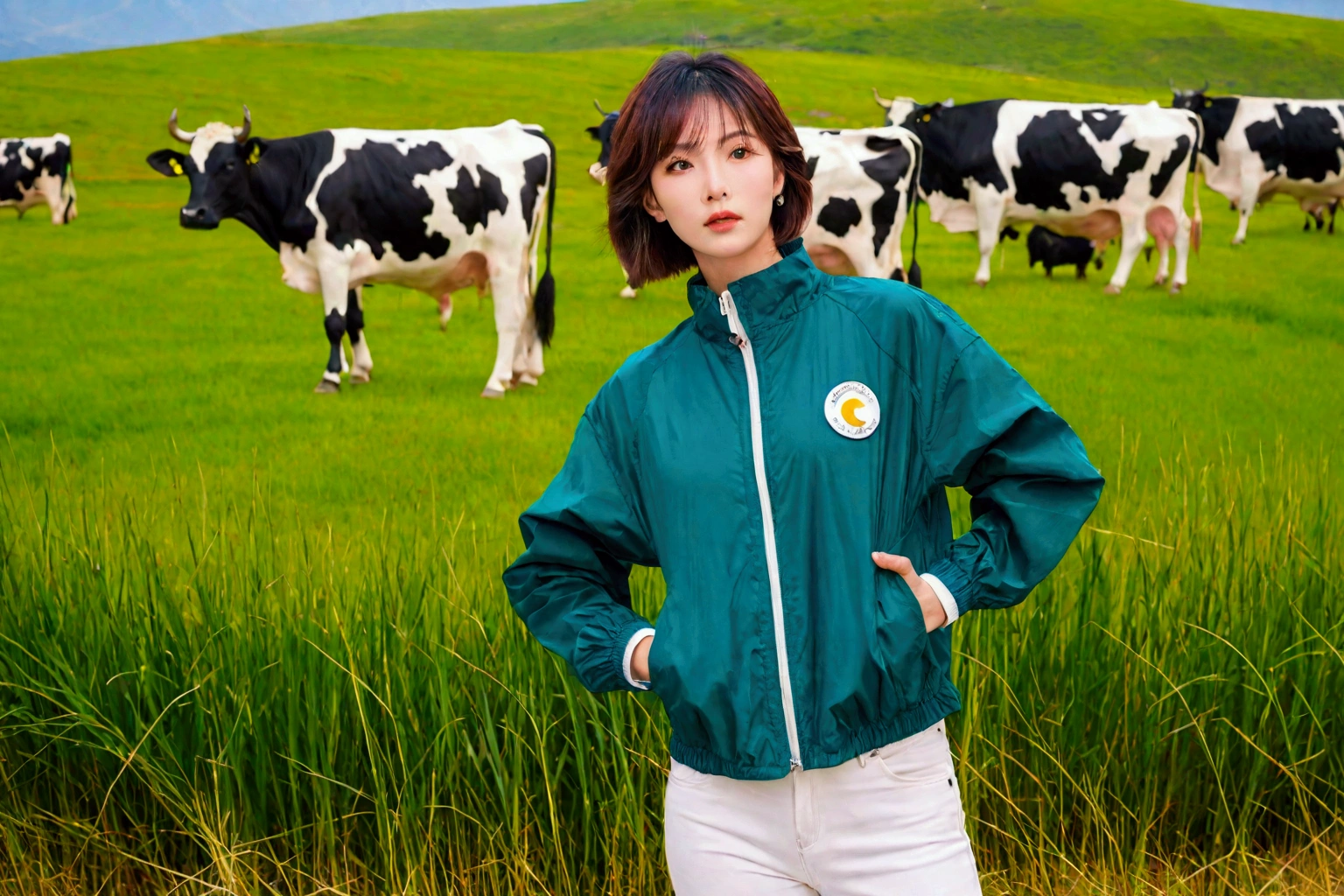 high quality, 1 woman, ((36 years old 건강한 한국 여성)), ((36 years old)), 1 woman, short, The eyes are big and beautiful. ((slim)), ((short medium hair)), pose: standing, luxury brand windbreaker jacket, white casual pants, background: 1 woman, California, pasture, Cow, grass, Upper body shot with 35-70 lens, Look up to the side, white casual pants