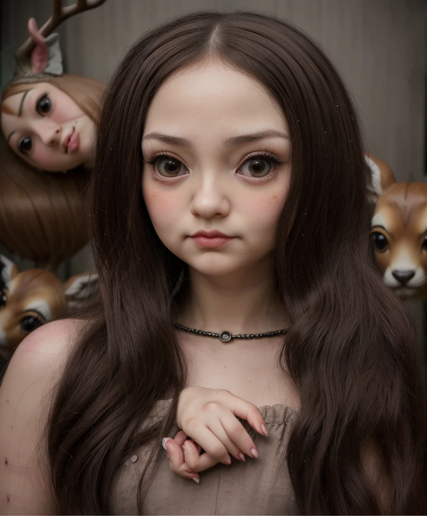 Painting of a girl with deer antlers on her head, Estilo Mark Ryden, Mark Ryden muy detallado, Estilo de Mark Ryden, Naoto Hattori, Surrealismo pop lowbrow, Mark Ryden en el estilo de, benjamin lacombe, Earley, Surrealismo pop Lowbrow Art Style, Arte lowbrow, por Mark Ryden, cute and beautiful, wearing cap, more details, amazing, beautiful Monalisa, cute Monalisa, lowbrow, Monalisa with lowbrow face, chibi realistic monalisa, cute