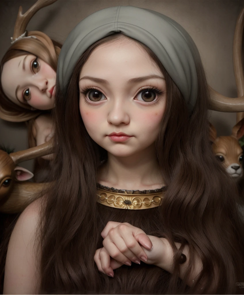 Painting of a girl with deer antlers on her head, Estilo Mark Ryden, Mark Ryden muy detallado, Estilo de Mark Ryden, Naoto Hattori, Surrealismo pop lowbrow, Mark Ryden en el estilo de, benjamin lacombe,  Earley, Surrealismo pop Lowbrow Art Style, Arte lowbrow, por Mark Ryden,  cute and beautiful, wearing cap, more details, amazing, beautiful Monalisa, cute Monalisa, lowbrow, Monalisa with lowbrow face, chibi realistic monalisa, cute