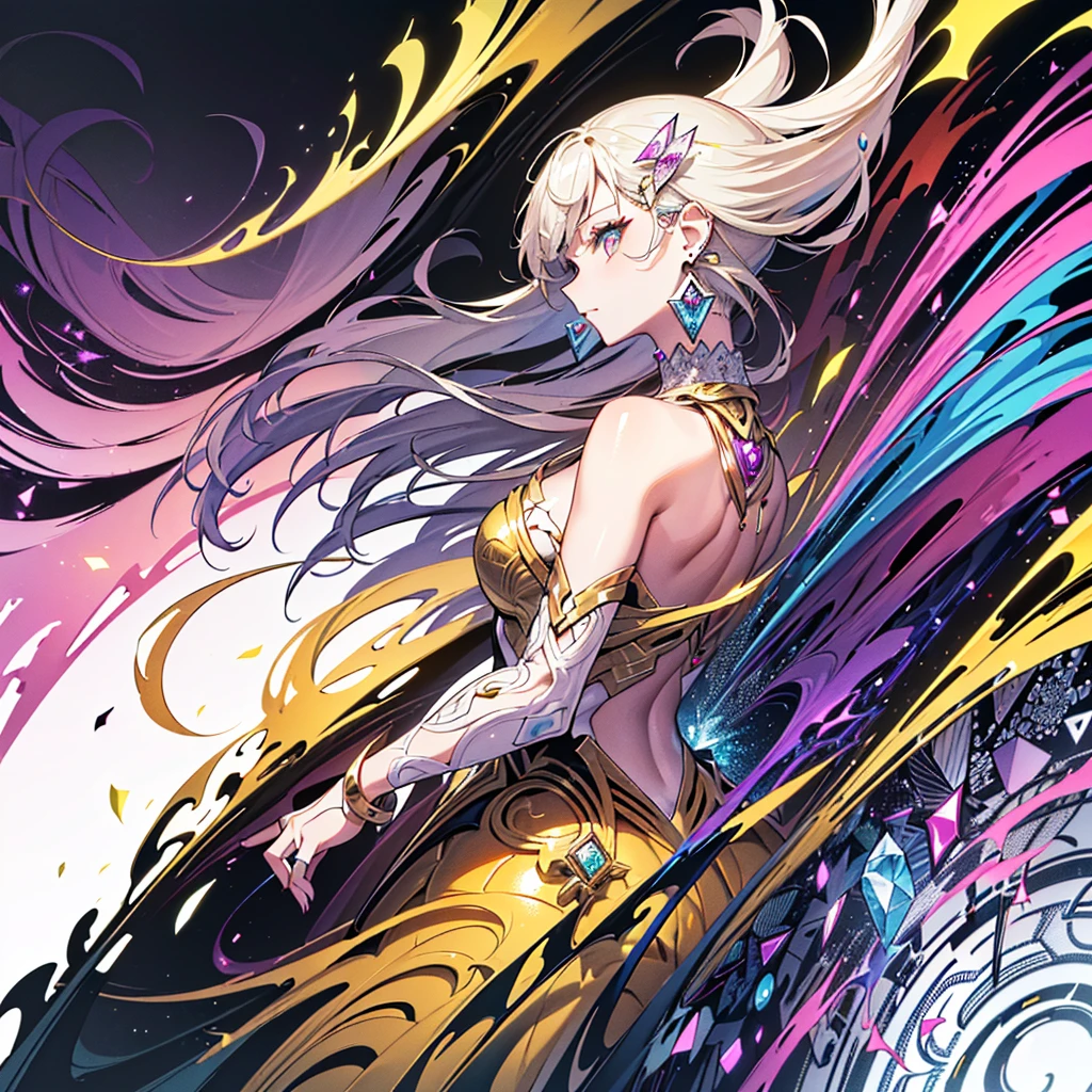 (Masterpiece, Top Quality, Best Quality, Official Art, Beauty and Aesthetics: 1.2), (1girl: 1.3), Very Detailed, (Fractal Art: 1.1), (Color: 1.1) (Diamond: 1.3), Most Detailed, (Zentangle: 1.2), (Dynamic Pose), (Abstract Background: 1.3), (Shiny Skin), (Many Colors: 1.4), ,( earrings:1.4),