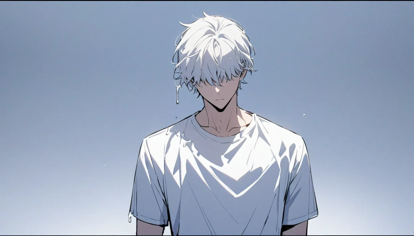 Man with fluid dripping from his upper body, white hair, hair covering his eyes, handsome, alone, stopping for a moment, full body, women's shirt, pure white room