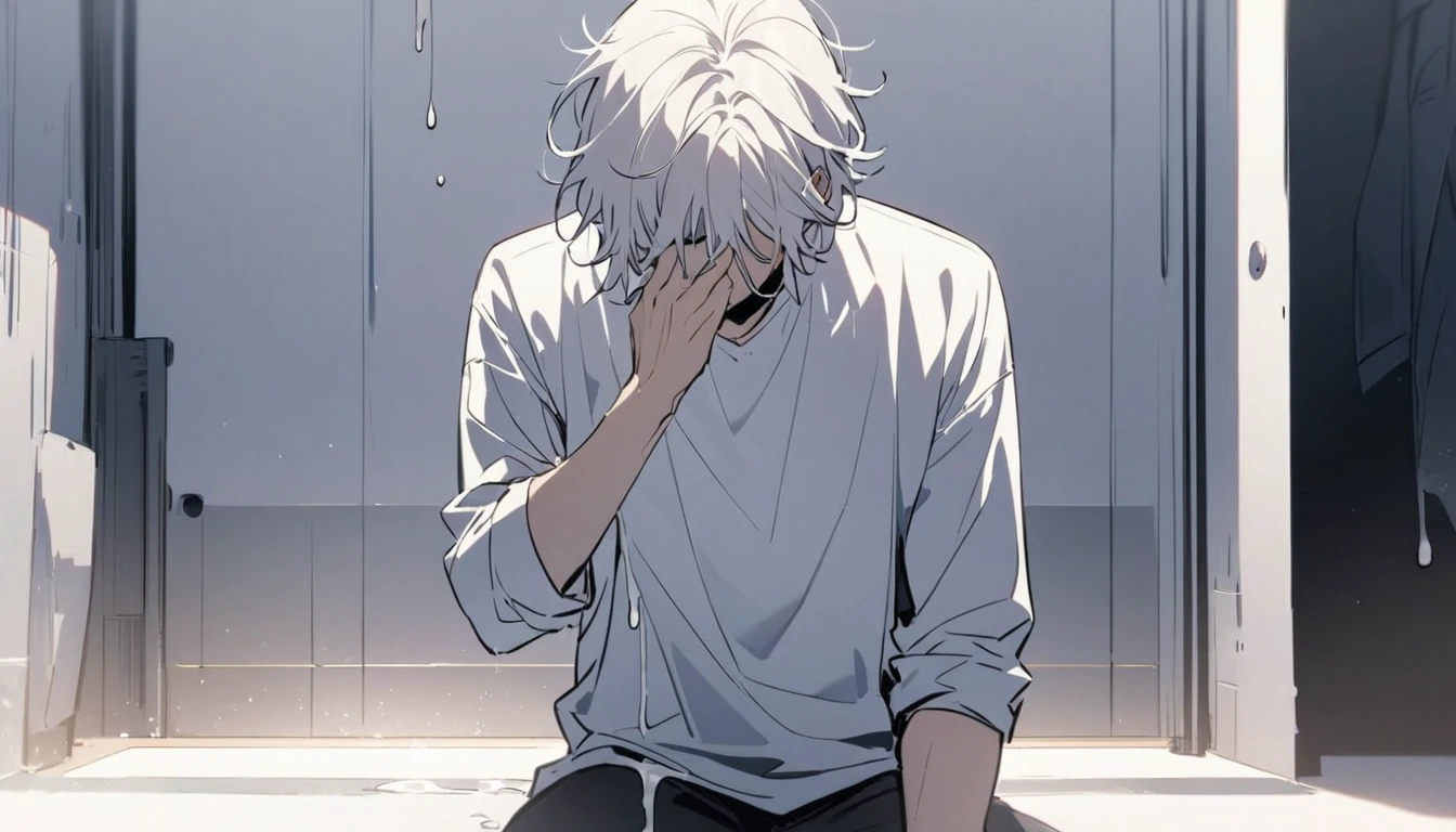 Man with fluid dripping from his upper body, white hair, hair covering his eyes, handsome, alone, stopping for a moment, full body, women's shirt, pure white room