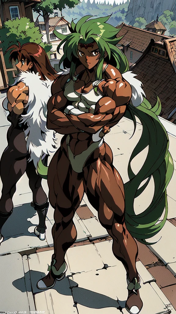 (athletic muscular body), {{{(((african american)))}}}, {{{((( (glossy) (smooth) ((dark brown skin)) )))}}}, (((pro wrestler))), (((kunoichi))), {{{(((24-year-old)))}}}, {{{(((young woman)))}}}, (((tomboy))), (((stoic))), (((bored))), (((emotionless))), (((wolflike))), ( (messy) (curly) (((long))) (dark mint green hair) ), (big intense (silver eyes) ), (small breasts), toned abs, {{{(((strong leg muscles)))}}}, toned biceps, toned forearms, toned deltoids, toned triceps, toned erector spinae, toned rhomboids, toned hamstring muscles, firm muscular glutes ,{{{(((strong back muscles)))}}}, (((thick muscular trapezius))), (((big muscular latissimus))), toned quadriceps, toned gastrocnemius, toned soleus, amazing ass, (((character wearing a (skintight long sleeve (brown with some gray) ( fur pelt bodysuit) ) ))), (((knee pads))), (((fingerless gloves))), (((combat boots))), {{{(((lush fantasy ancient forest (village) )))}}}, {{{(((standing on the roof of a house )))}}}, {{{(((great anatomy)))}}}, {{{(((high muscle mass)))}}}, {{{(((well-trained muscles)))}}}, {{{(((well-toned muscles)))}}}, {{{(((best quality)))}}}, {{{(((masterpiece)))}}}, {{{(((wide shot)))}}}, {{{(((90s anime)))}}}, {{{(((guilty gear)))}}}