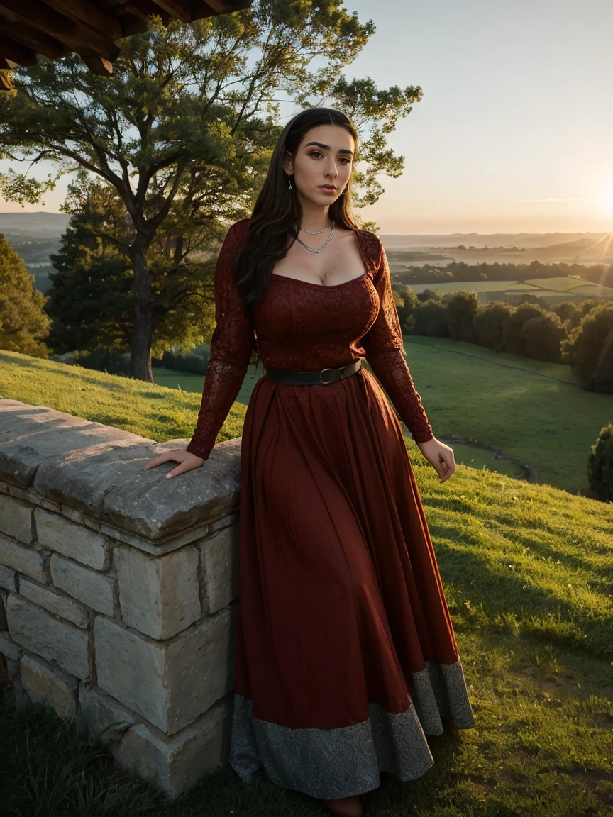 Gorgeous and sultry busty athletic (thin) brunette queen with sharp facial features wearing a modest updo, dark red medieval dress, long sleeves, intricate patterns, scrollwork, wide neck, crown, veil, long dress, modest dress, tight bodice, silver belt, (waist chain), medieval jewelry, Middle Ages, castle, rampart, wall, exterior, on top of a castle wall, trees, countryside, evening, sunset.