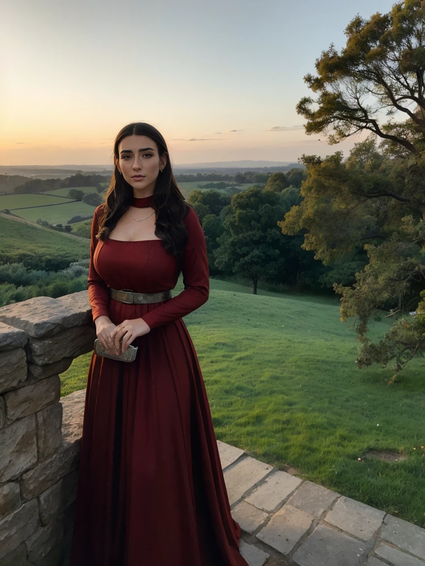 Gorgeous and sultry busty athletic (thin) brunette queen with sharp facial features wearing a modest updo, dark red medieval dress, long sleeves, intricate patterns, scrollwork, wide neck, crown, veil, long dress, modest dress, tight bodice, silver belt, (waist chain), medieval jewelry, Middle Ages, castle, rampart, wall, exterior, on top of a castle wall, trees, countryside, evening, sunset.