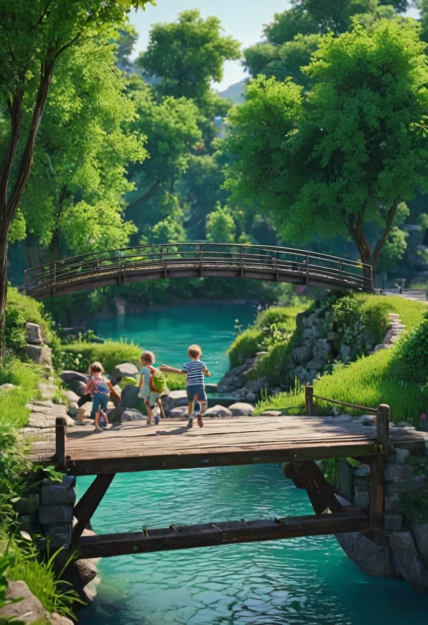 A selection of landscapes with bridges, 8k images、Children playing、1 bridge