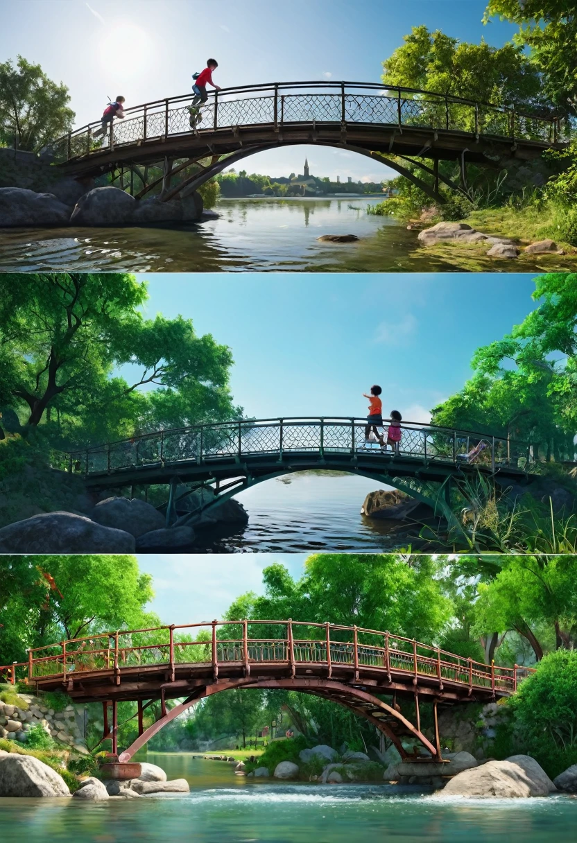 A selection of landscapes with bridges, 8k images、Children playing、1 bridge