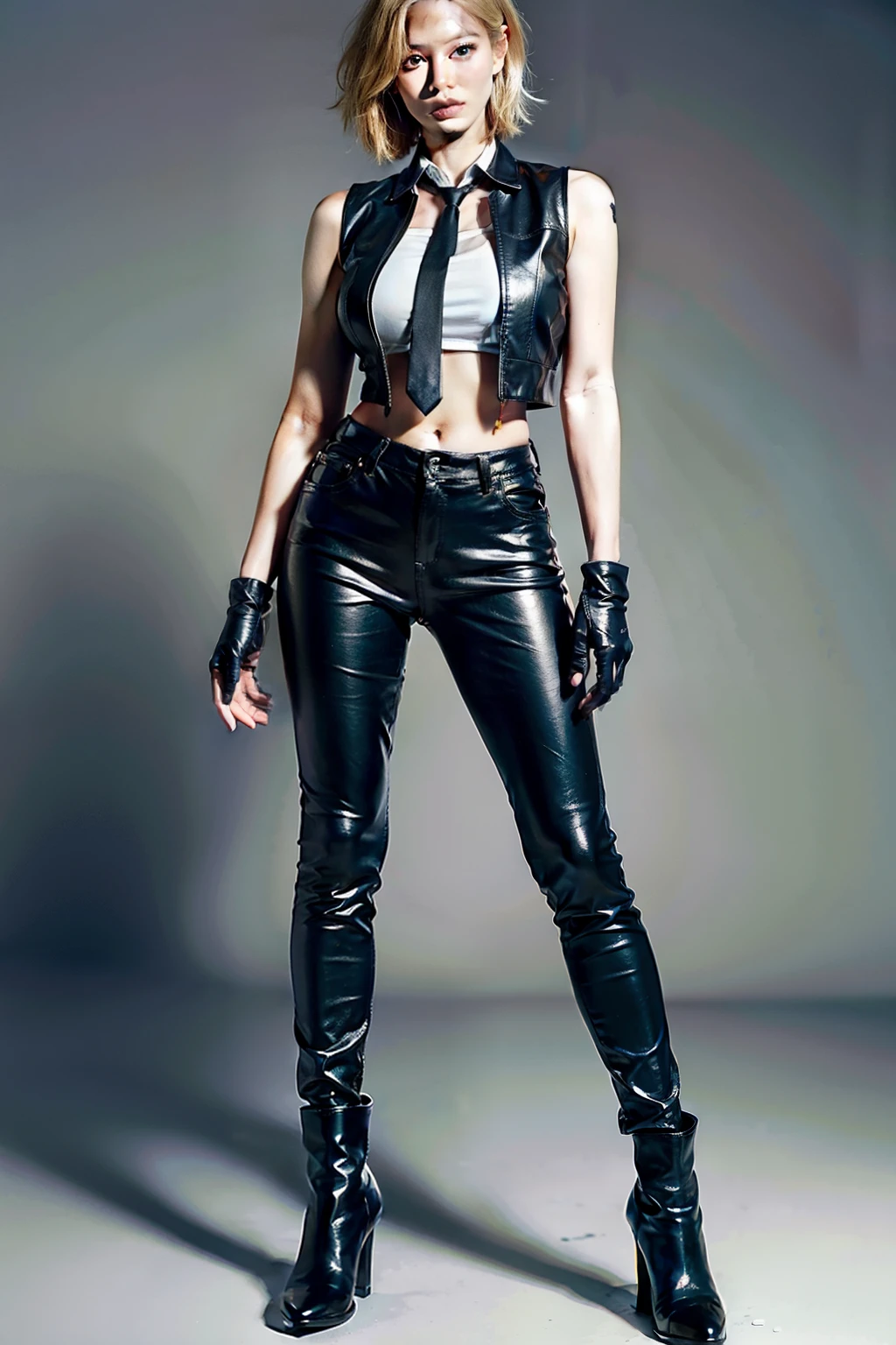 (tall:1.2),(full body:1.2),(photo realist: 1.2), (hiper realist: 1.2), (realistic: 1.2), (smoother lighting: 1.2), (Improve the quality of movie lighting: 1.2), (RAW photo:1.2), (better quality:1.2), (beauty:1.2), (masterpiece:1.2), (Physically based rendering:1.2), (ultra high resolution:1.2), (best quality:1.2),(standing:1.2),(short blonde hair:1.2), (ember eye color:1.2),(brown leather vest:1.2), (white shirt:1.2),(black necktie:1.2), (skinnyfit:1.2),(black leather long pants:1.2), (ankle boots:1.2),(fingerless gloves:1.2), (big breast:1.2),(sexy:1.2),(simple background:1.2)