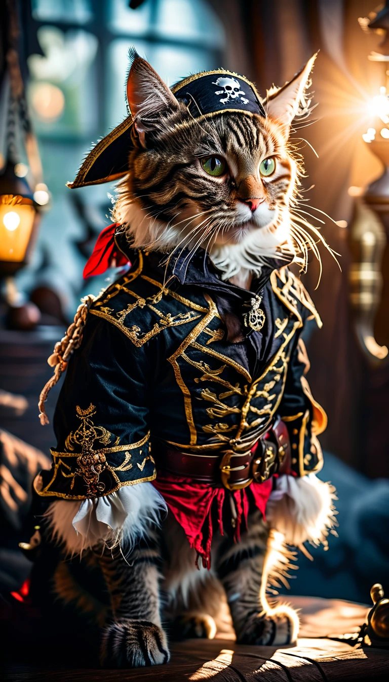 a cat, ((pirate outfit)), epic scene, dynamic camera, backlight, (close up:1.2), high quality photography, 3 point lighting, flash with softbox, 4k, Canon EOS R3, hdr, smooth, sharp focus, high resolution, award winning photo, 80mm, f2.8, bokeh