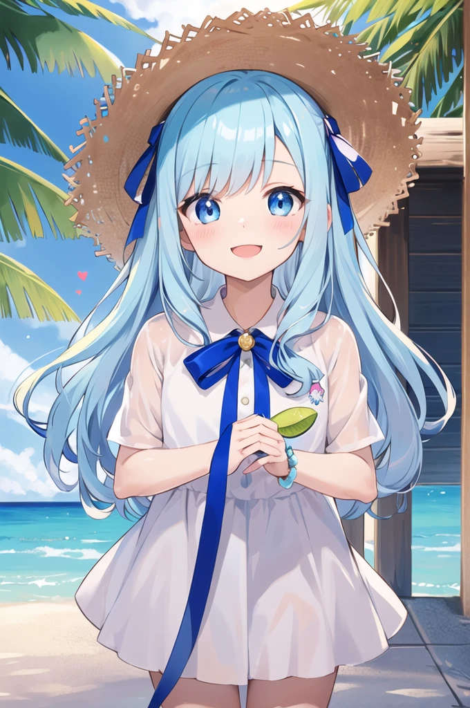 Girl、cute、Yandere、Menhera、Clear、Bangs、Lori、コン、cute、Light blue eyes、Light pink hair、Long Hairstyles、Palm fruit、Straw hat、Big ribbon、cute、Spoiled、Watery eyes、heart,smile、be happy、Eyes glow blue、Red cheeks、Hawaii、
