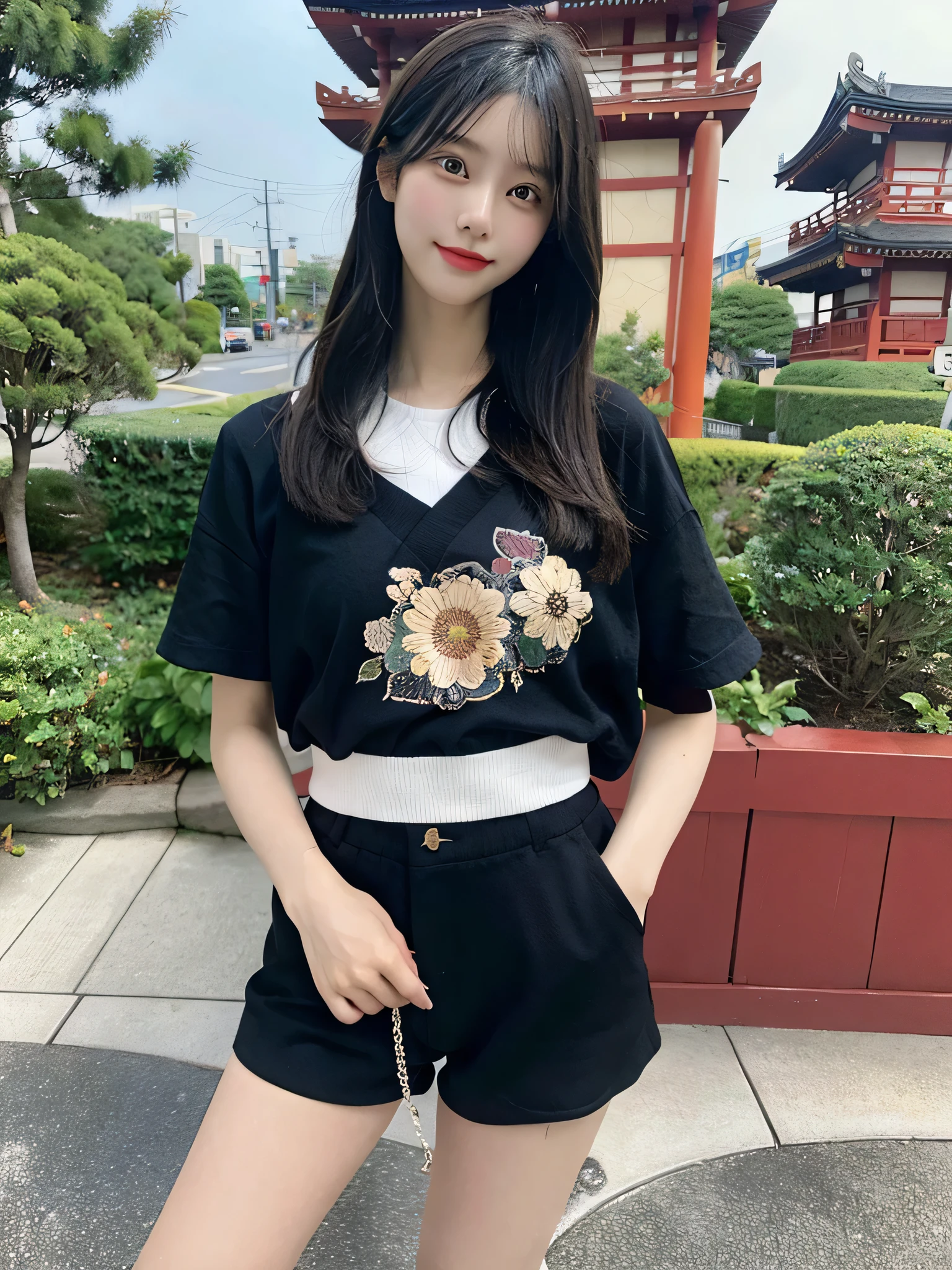Black hair girl, wearing shorts, japnese, outdoor, masterpiece,