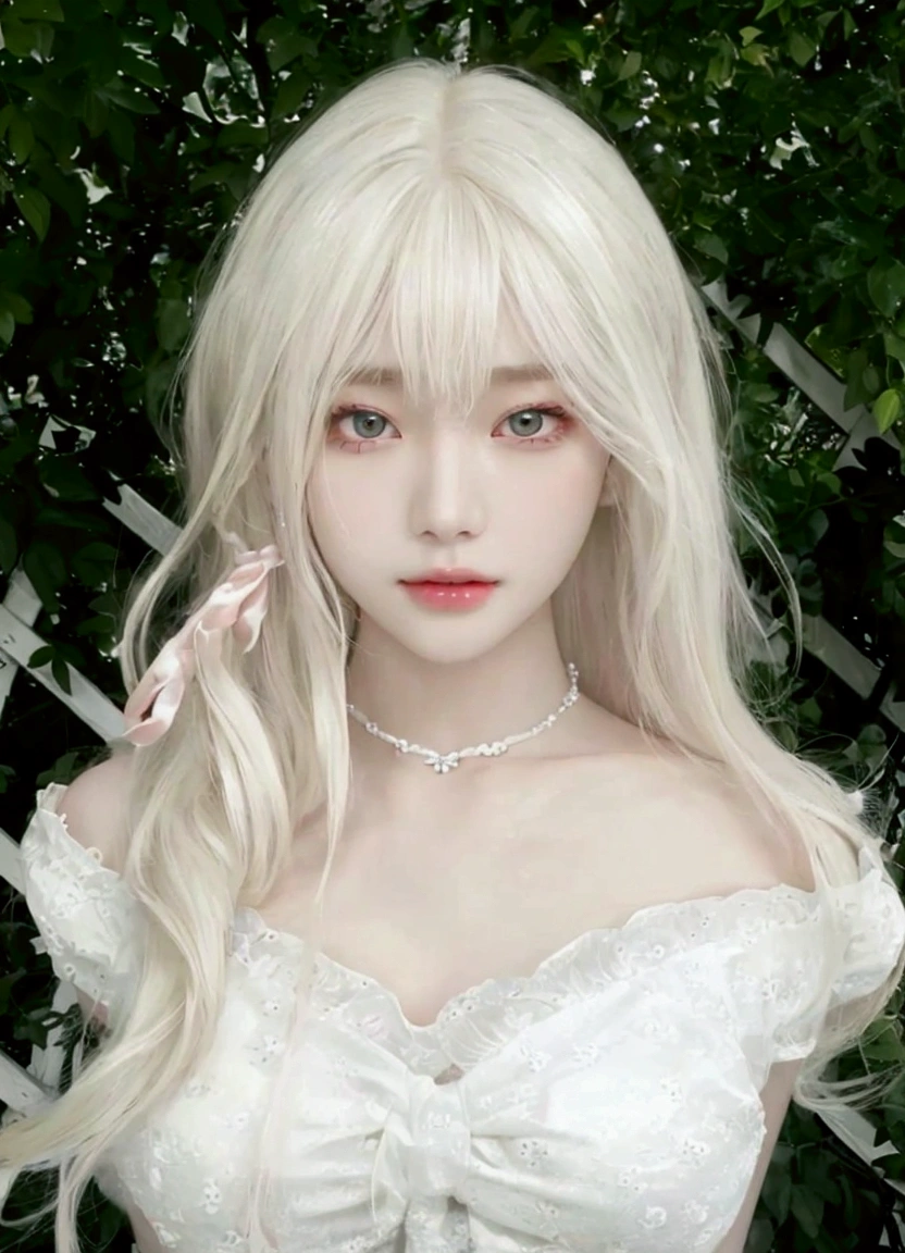 young woman/ young woman with light blonde hair, platinum ruby hair, wavy hair, Porcelain skin, milky white skin, pale skin and slightly flushed, Hwang Hyunjin&#39;s way, cabello rubio y Porcelain skin, pompous lips and face of hwang hyunjin and green eyes full of innocence. his face conveys innocence.